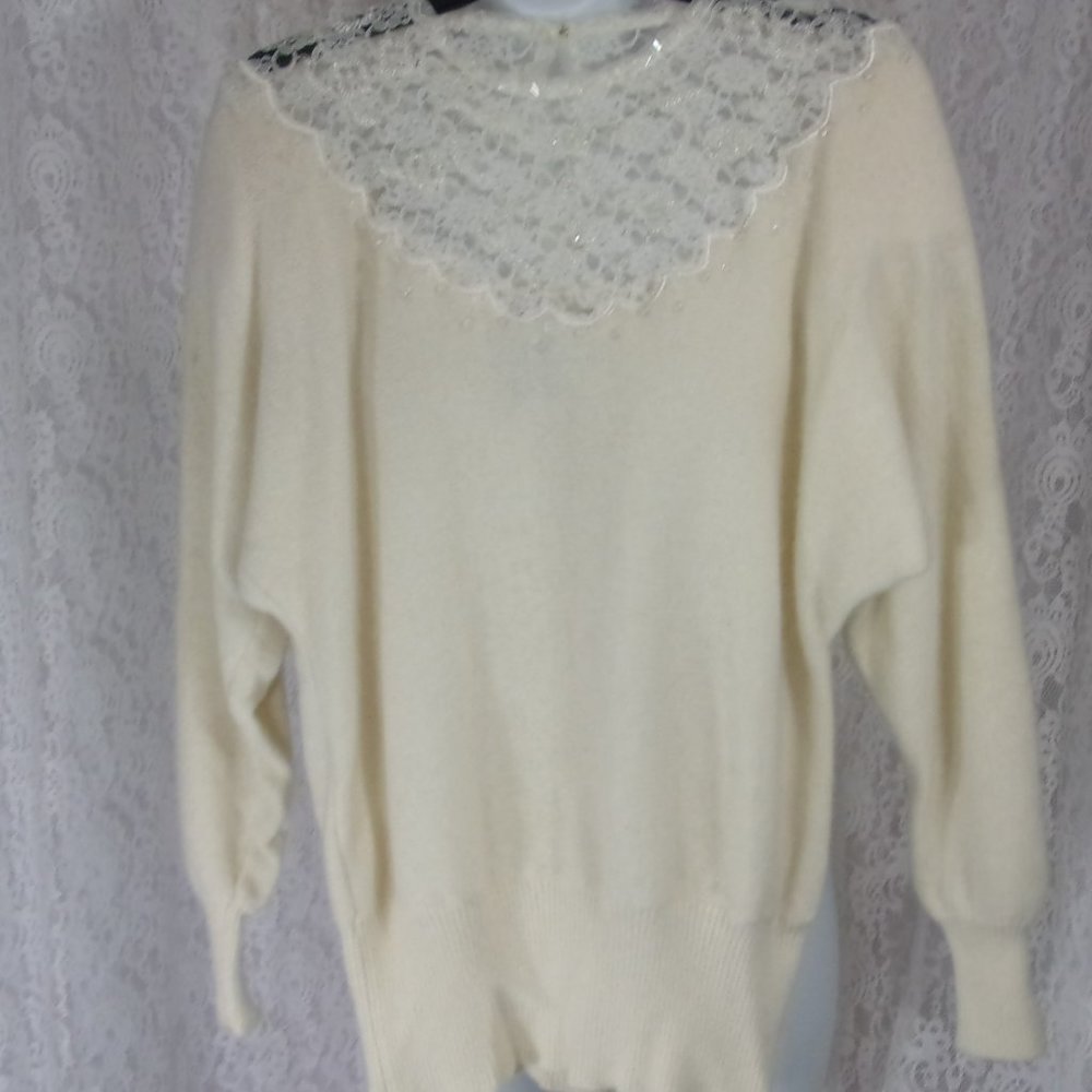 Vintage Ivory Sweater Top with Beaded Lace Insets Accents Front and Back XL